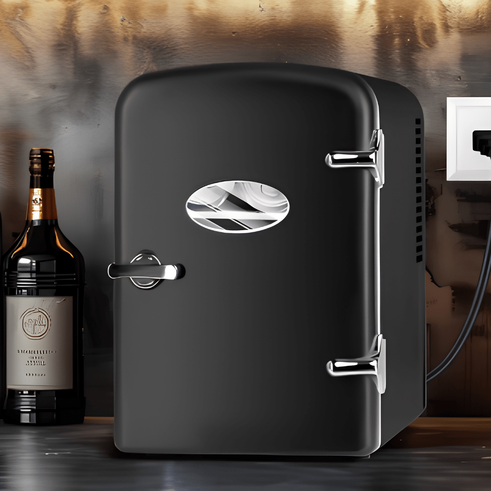 Portable mini fridge with cooling and warming functions, featuring a compact retro design, perfect for storing skincare essentials in the bedroom. 0